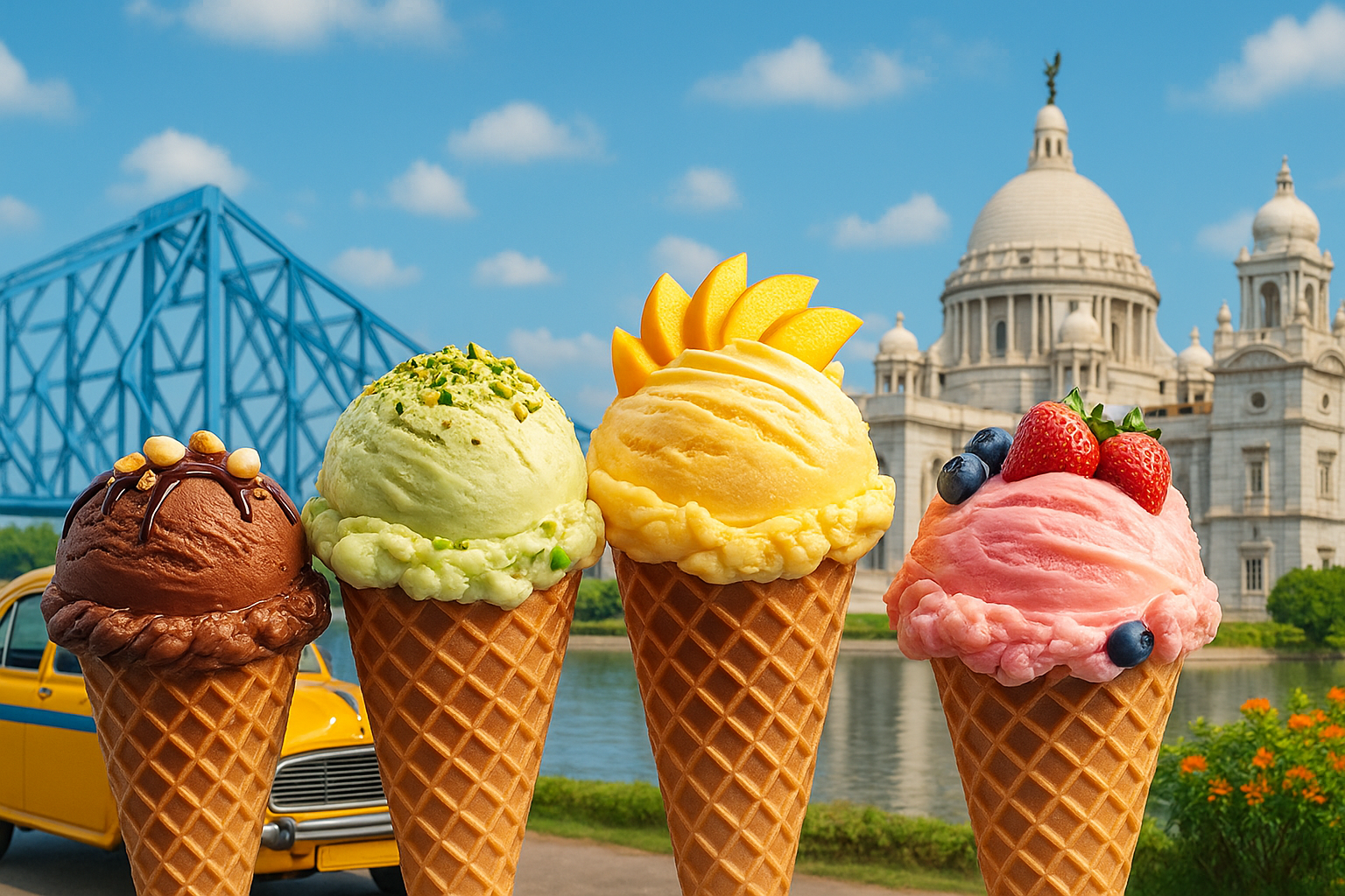 Kolkata skyline silhouette with ice cream illustration